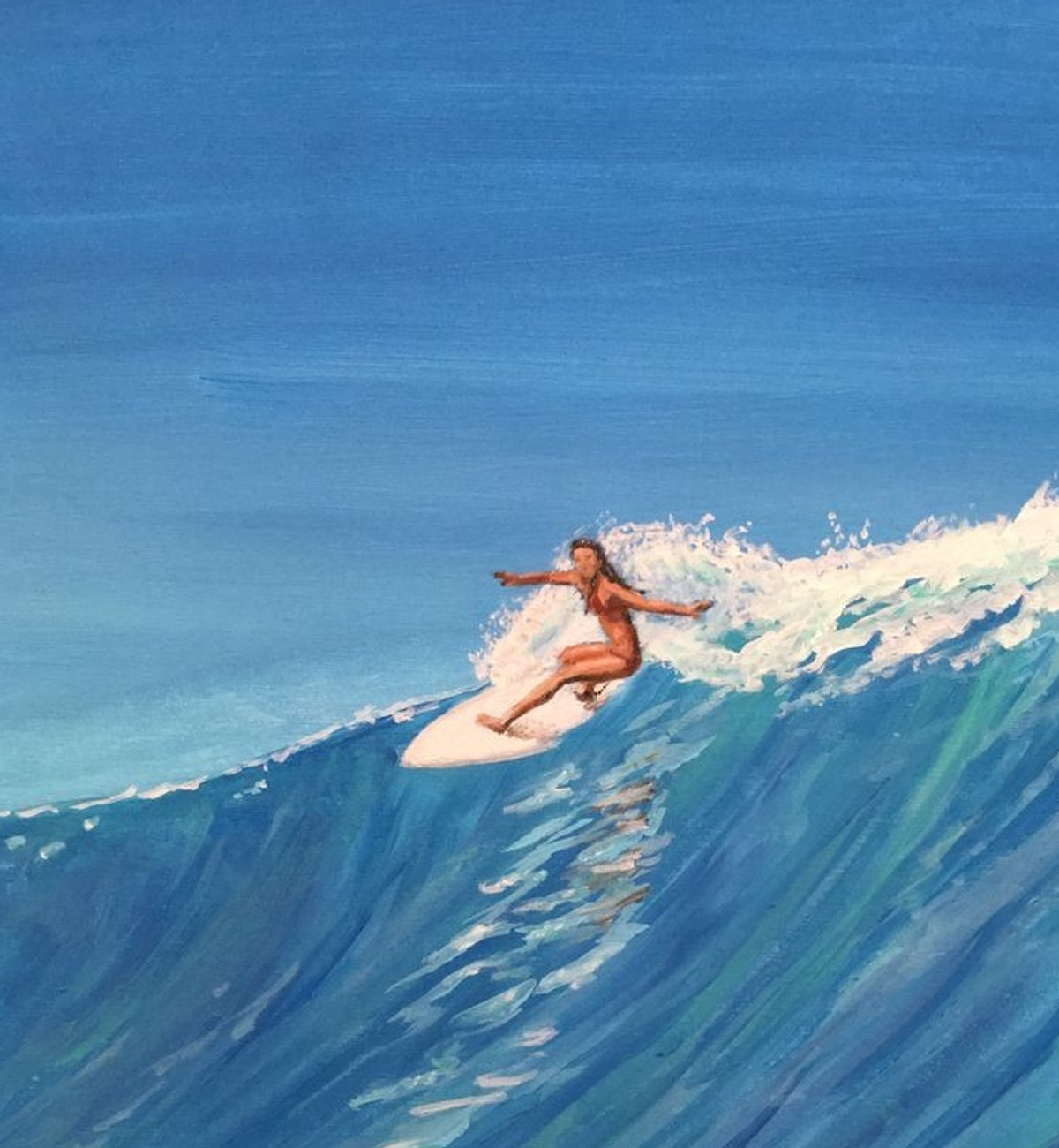 Schilderij van een surfster op een golf